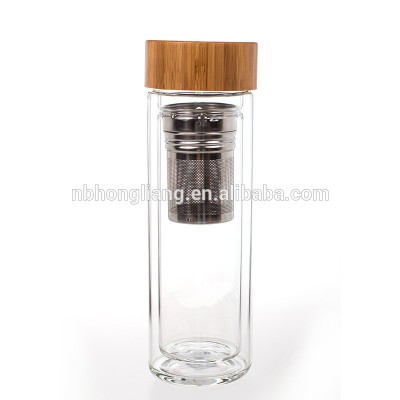 FLOURISH MOQ 25pcs Wholesale 400ml Bamboo lid Double Walled glass tea tumbler. Includes strainer and infuser basket