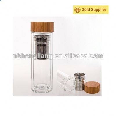 Free Shipping Retail Double Wall Glass Water Bottles With Tea Infuser and Bamboo Lid