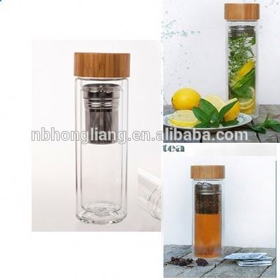 25pcs/lot Wholesale 400ml Bamboo lid Double Walled glass tea tumbler. Includes strainer and infuser basket